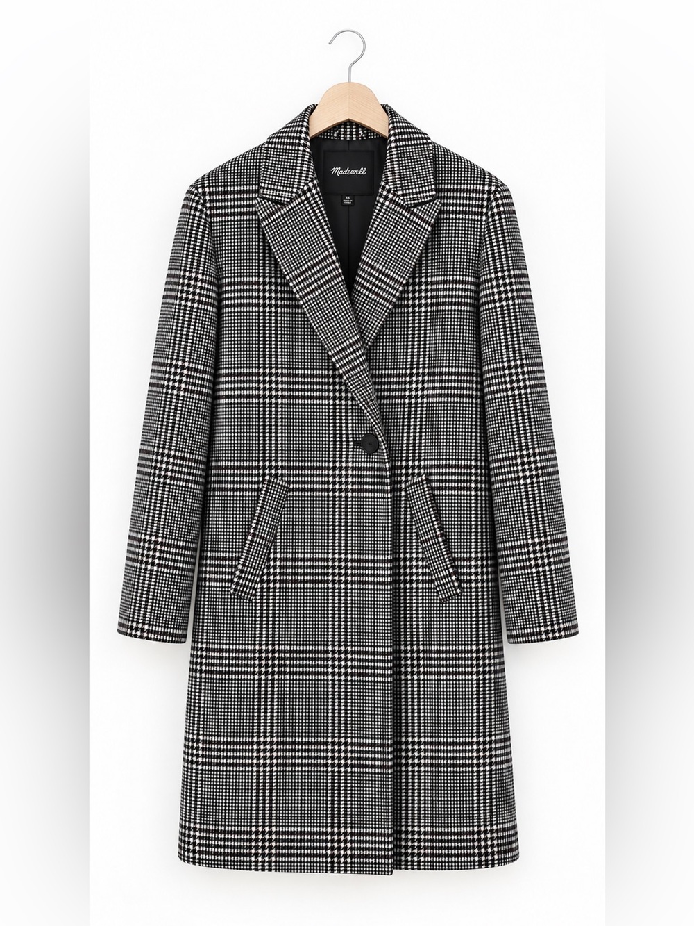 Madewell Houndstooth Plaid Long Coat Wool Blend Women XS Classic Topcoat